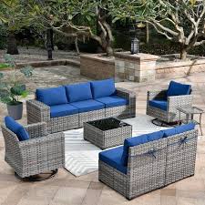 Tahoe Grey 9 Piece Wicker Outdoor Patio Conversation Sofa Set With Swivel Rocking Chairs And Navy Blue Cushions