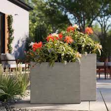Modern 16in 24in High Large Tall Elongated Square Pale Yellow Outdoor Cement Planter Plant Pots Set Of 2