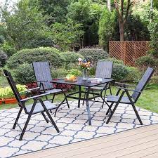 Phi Villa 5 Piece Black Metal Patio Outdoor Dining Set With Slat Square Table And Grey Folding Reclining Sling Chairs