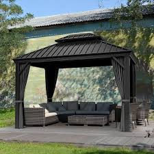 Egeiroslife 12 Ft W X 10 Ft D Double Roof Hardtop Aluminum Patio Gazebo With Netting And Gray Curtains