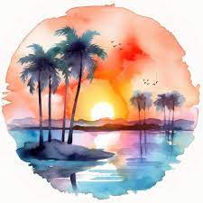A Watercolor Painting Of Palm Trees And