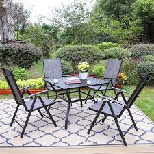 5 Piece Black Metal Patio Outdoor Dining Set With Slat Square Table And Grey Folding Reclining Sling Chairs