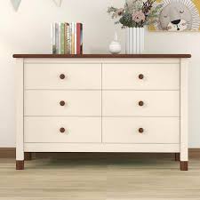 Cream And Walnut Wooden 6 Drawer 47 In Wide Dresser