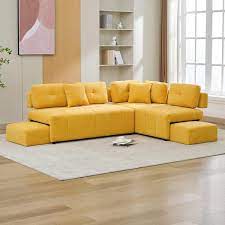 92 In L Shaped Armless Chenille Rectangle Sectional Sofa Couch With 2 Stools And Lumbar Pillows For Living Room Yellow