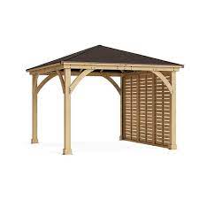 Yardistry Professionally Installed Meridian 12 Ft X 12 Ft Cedar Patio Gazebo With A 12 Ft Privacy Wall And Brown Aluminum Roof