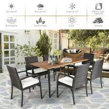 7 Piece Brown Rattan Patio Dining Set With Off White Cushions