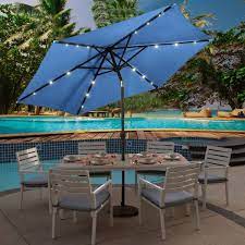 Wellfor 9 Ft Steel Market Solar Tilt Patio Umbrella With Crank And Led Lights In Blue