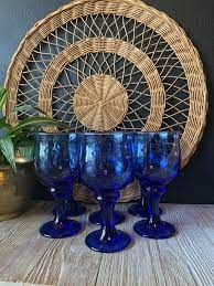 Vintage Blue Wine Glasses Blue Footed