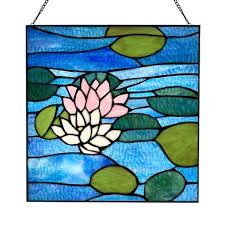 River Of Goods Lotus Flower Pond Stained Glass Window Panel Blue