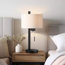 23 In Black Modern Table Lamp With Usb Port And White Linen Shade
