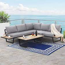 4 Piece Outdoor Conversation Set All Weather L Shaped Metal Patio Sectional Sofa Set With Gray Cushion