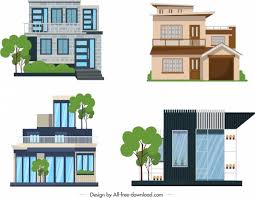 House Building Icons Colored Modern