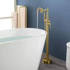 Single Handle Freestanding Tub Faucet Bathtub Filler With Hand Shower In Brushed Gold