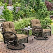 Serga 3 Pieces Wicker Patio Furniture Set Outdoor Patio Swivel Chairs With Light Brown Cushions