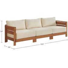 Barton Wood Weather Resistant 3 Person Outdoor Couch With Stain Resistant And Fade Proof White Cushions