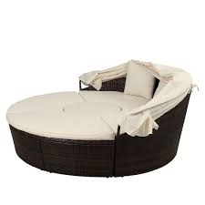 Goshadow Brown 5 Pieces Wicker Outdoor Sectional Set With Beige Cushion Separate Seating Round Outdoor Daybed Sunbed