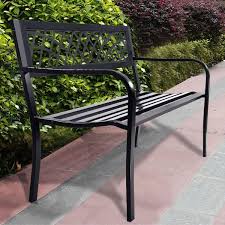 2 Person Black Metal Outdoor Bench With Back And Arms Modern Weighted Chair