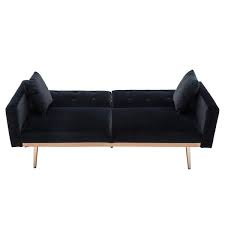 68 In Wide Black Velvet Upholstered Tufted 2 Seats Loveseat Sleeper Sofa With Golden Metal Legs