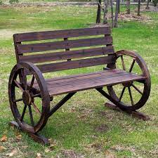 Outsunny Rustic Wooden Outdoor Patio Wagon Wheel Bench Seat