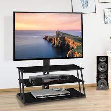 41 3 In Black 3 Tier Storage Shelves Tempered Glass Tv Stand Fits Tv S Up To 65 In With Swivel And Height Adjustable