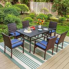 7 Piece Metal Patio Outdoor Dining Set With Rectangle Slat Table And Rattan Chair With Blue Cushion