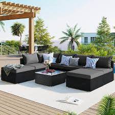8 Piece Black Wicker Outdoor Sectional Set With Gray Cushions
