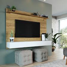 Homestock Natural Wall Mounted Floating Entertainment Center Fits Tv Up To 75 In Home Theater With Led Strip Pull Out Drawers