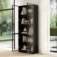 Fufu Gaga Black Wood 31 5 In W Display Cabinet With Pop Up Tempered Glass Doors And 3 Color Led Lights Adjustable Shelves