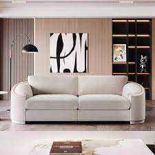 Stylish 92 In Wide Nailhead Trim Design Semilunar Round Arm Modern Polyester Curved Sofa In Beige