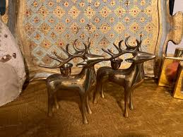 Gold Brass Reindeer Candleholders Set