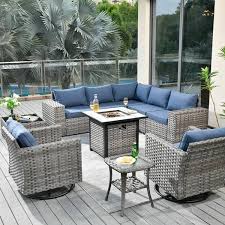 Crater Grey 10 Piece Wicker Outdoor Patio Fire Pit Conversation Sofa Set With Swivel Chairs And Denim Blue Cushions