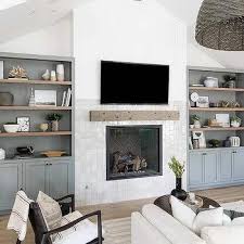 Blue And Gray Fireplace Tiles Design Ideas