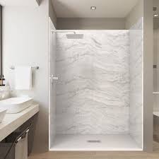 60 In L X 32 In Wx84 In H Alcove Solid Composite Stone Shower Kit W Sierra Light Walls And Ctr White Sand Shower Pan