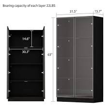 Fufu Gaga 63 In H X 31 5 In W Black Wood 3 Shelf Bookcase Bookshelf With 3 Color Led Lights And Tempered Glass Doors