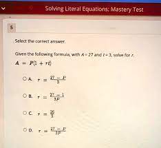 Solving Literal Equations Mastery Test