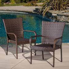 Noble House Outdoor Dining Chair Stackable Iron Wicker Multi Brown Set Of 2