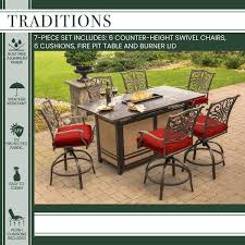 Hanover Traditions 7 Piece High Dining Set In Red With 30 000 Btu Fire Pit Table