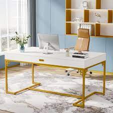 Tribesigns Way To Origin Halseey 63 In Rectangular Modern White Gold Wood Executive Desk Large Computer Desk With Drawer Conference Room Table