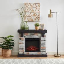36 In Gray Freestanding Faux Stone Infrared Electric Fireplace With Mantel