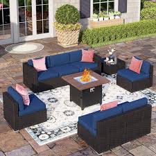 Phi Villa Dark Brown Rattan Wicker 7 Seat 9 Piece Steel Outdoor Sectional Set With Blue Cushions Square Fire Pit And Coffee Table