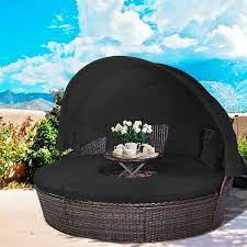 Gymax Cushioned Patio Rattan Round Daybed W Adjustable Table 3 Pillows Black