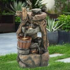 Luxenhome Resin Stacked Rock Wall And Barrel Outdoor Fountain With Led Lights