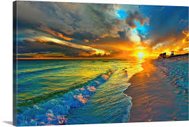 Sunset Seascape Blue Beach Landscape Large Solid Faced Canvas Wall Art Print Great Big Canvas