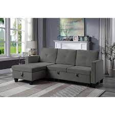 Velvet Reversible Sleeper Sectional Sofa With Storage Chaise Dark Gray Size One Size