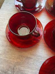 Set Of Seven Red Depression Glass Cup