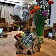 Tree Root Wood With Glass Double Bowls