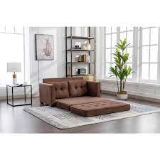 60 In W Square Arm Chenille Modern Rectangle Pull Out Sofa Bed In Brown With Side Pocket