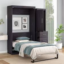 Gray Wood Frame Twin Murphy Bed With Wardrobe And 3 Storage Drawers Storage Bed Can Be Folded Into A Cabinet
