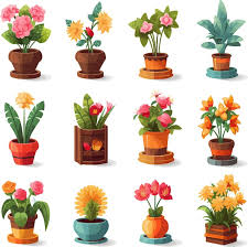 Icon Set Flat Style Flower Pots Ceramic