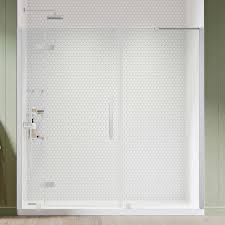 Ove Decors Tampa 77 5 16 In W X 72 In H Pivot Frameless Shower Door In Chrome With Shelves